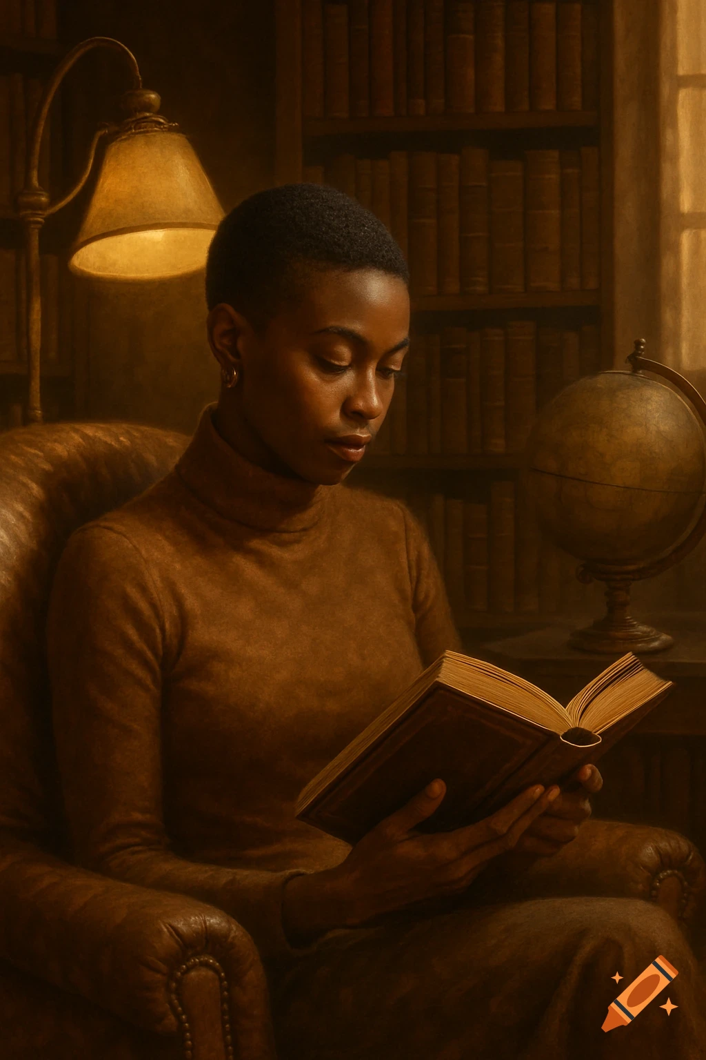 A Black woman with a short haircut reads a book under a warm lamp in a library, painterly style.