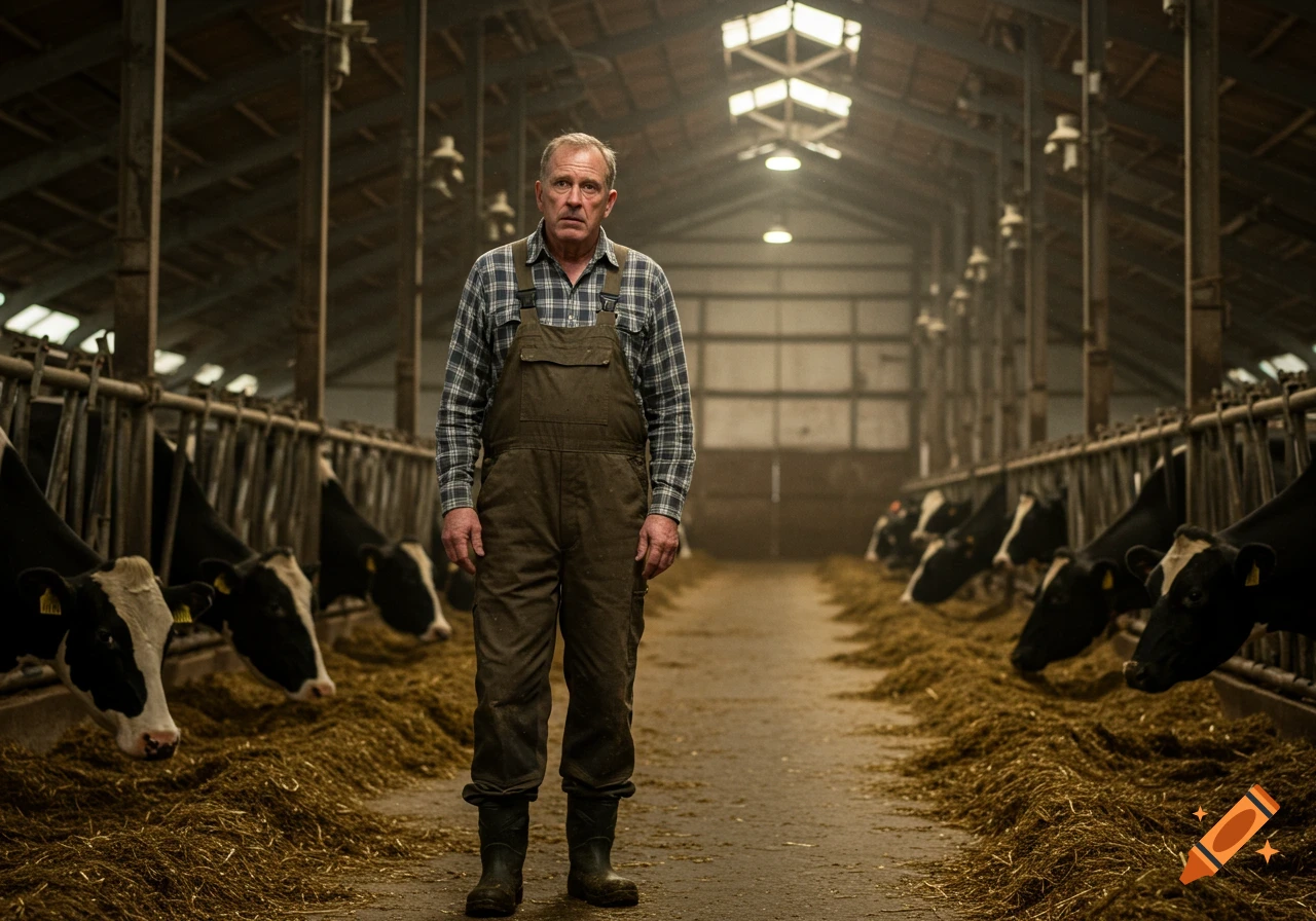 A worried dairy farmer in overalls stands in his barn, looking at his weak-looking cows. Photorealistic style.