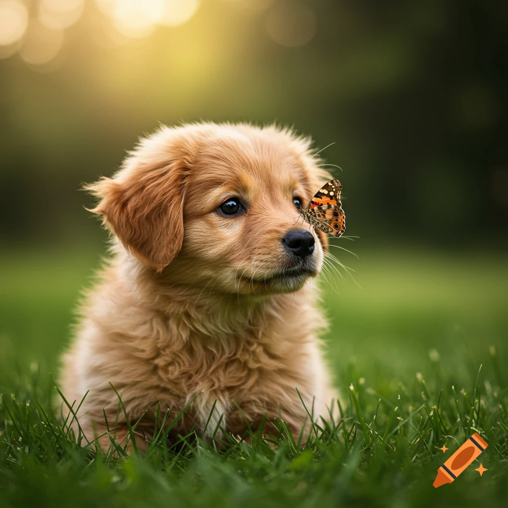 A photorealistic image of a tiny, fluffy golden retriever puppy sitting in green grass with a butterfly on its nose.