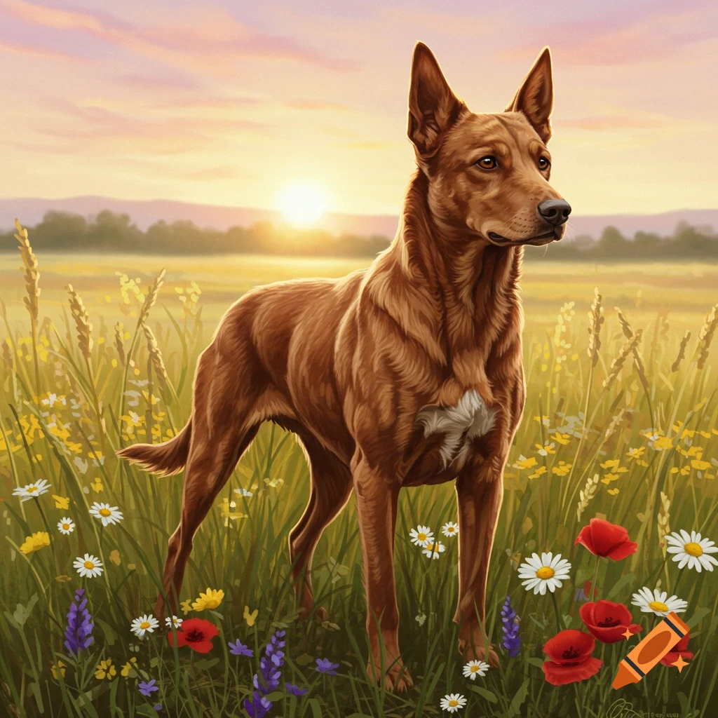 A realistic painting of a brown dog standing in a field of colorful wildflowers at sunset.
