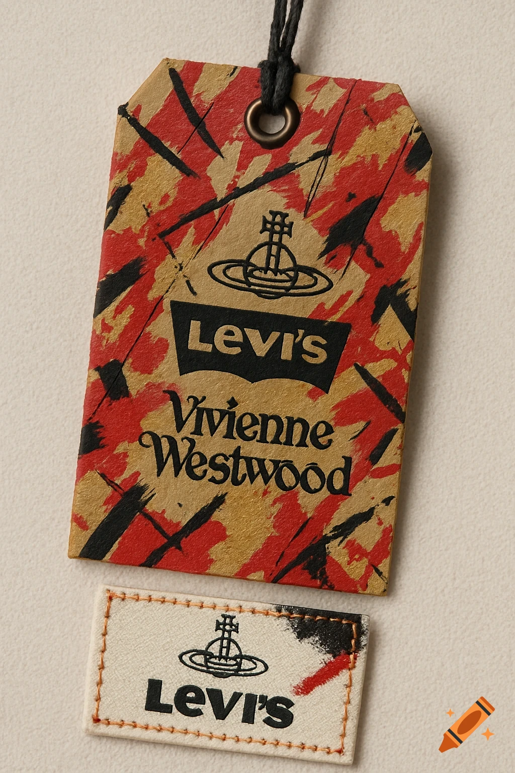 Distressed hangtag and embroidered label for a Levi's and Vivienne Westwood collaboration.