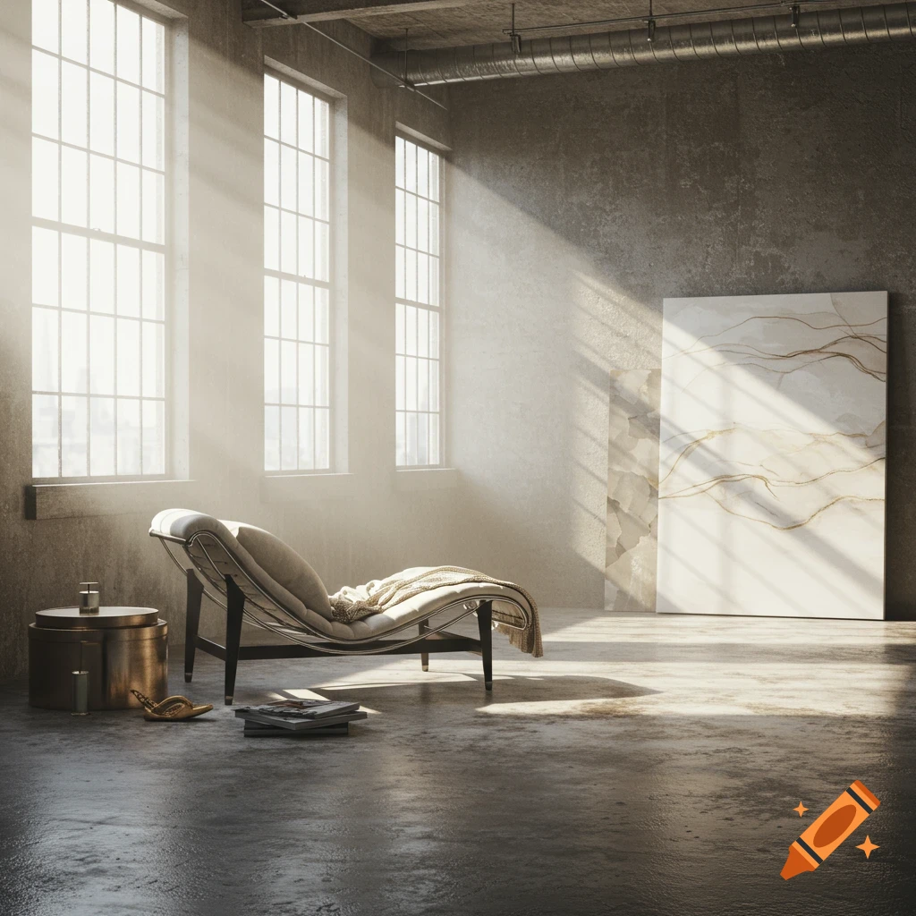 Sunlit industrial room with large windows, a chaise lounge, side table, and abstract painting on a concrete wall.