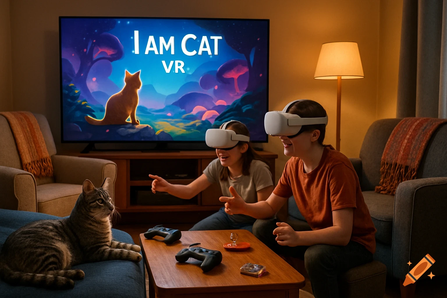Two kids wearing VR headsets play a game called 'I AM CAT VR' on a TV, with a cat resting on a couch in a living room.