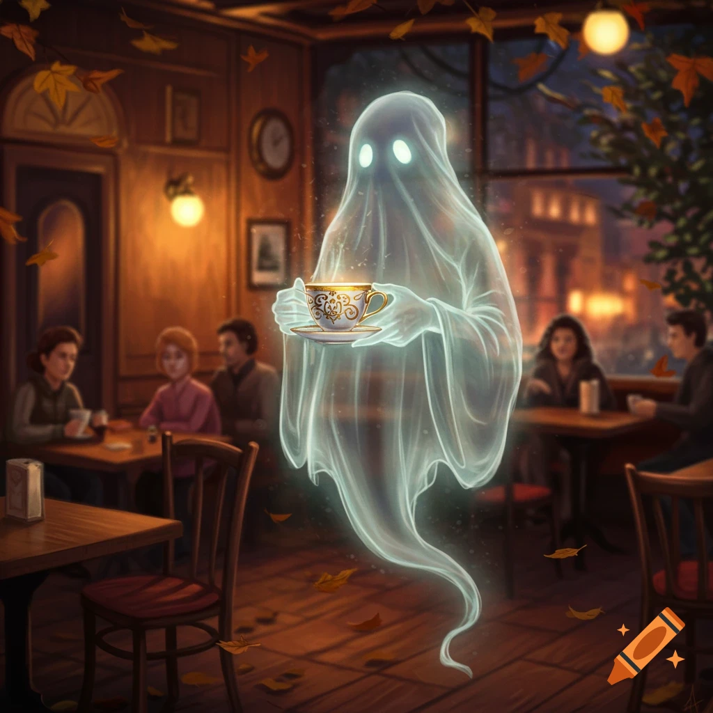 A translucent ghost holds an ornate teacup, floating in a cozy, warm-lit cafe as autumn leaves fall. People sit at tables in the blurred background.