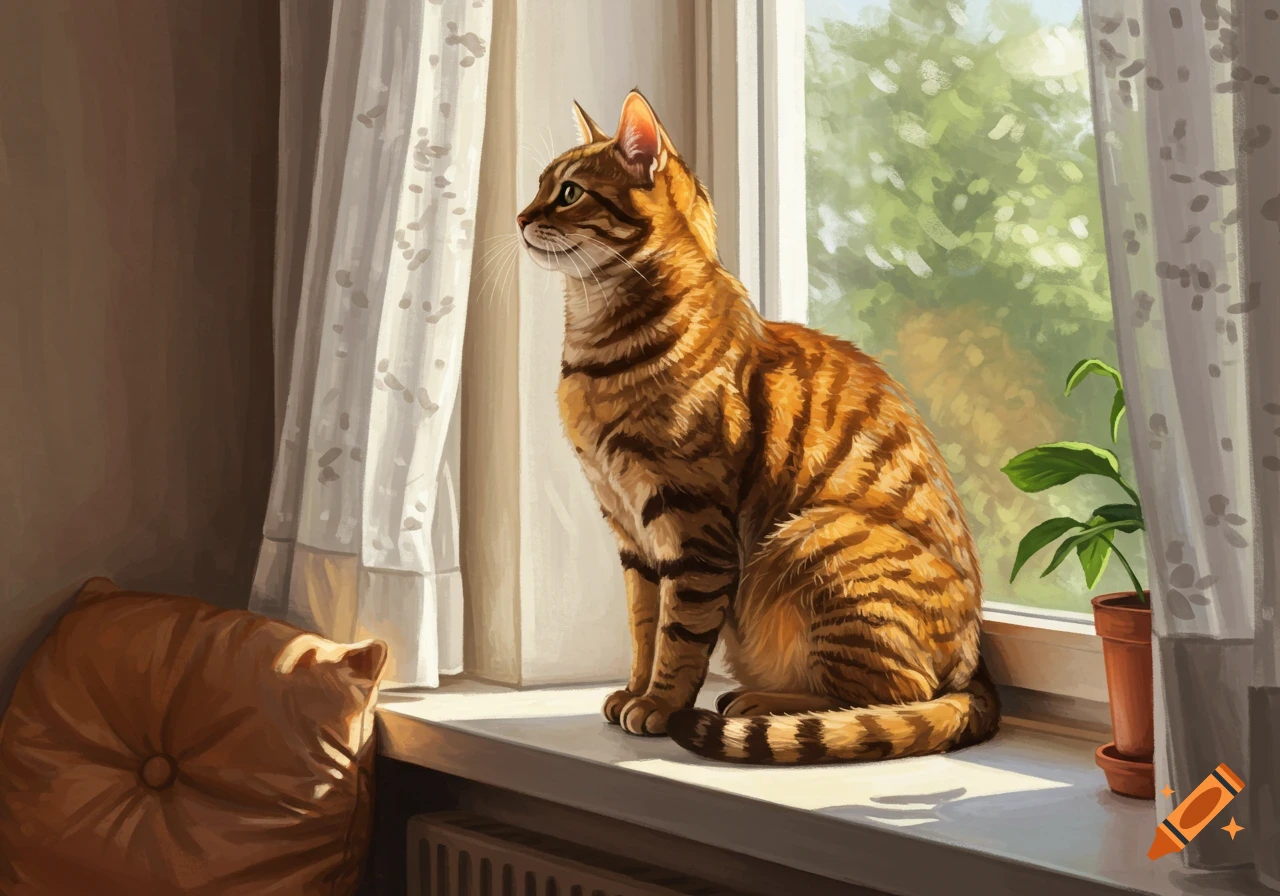 A detailed digital painting of an orange tabby cat sitting on a sunlit windowsill, looking out the window.