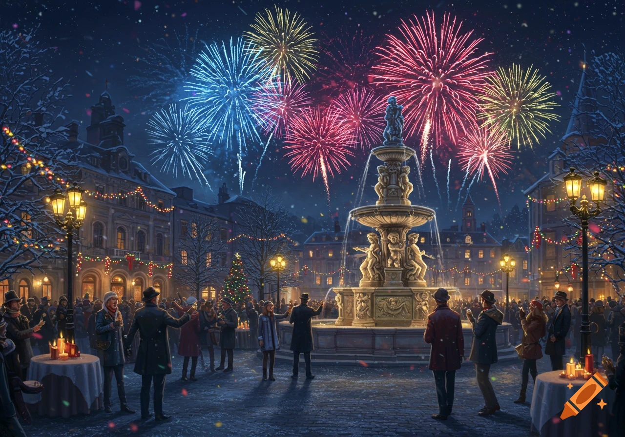 A bustling city square at night, adorned with festive lights and snow, as people watch colorful fireworks explode above a grand fountain.