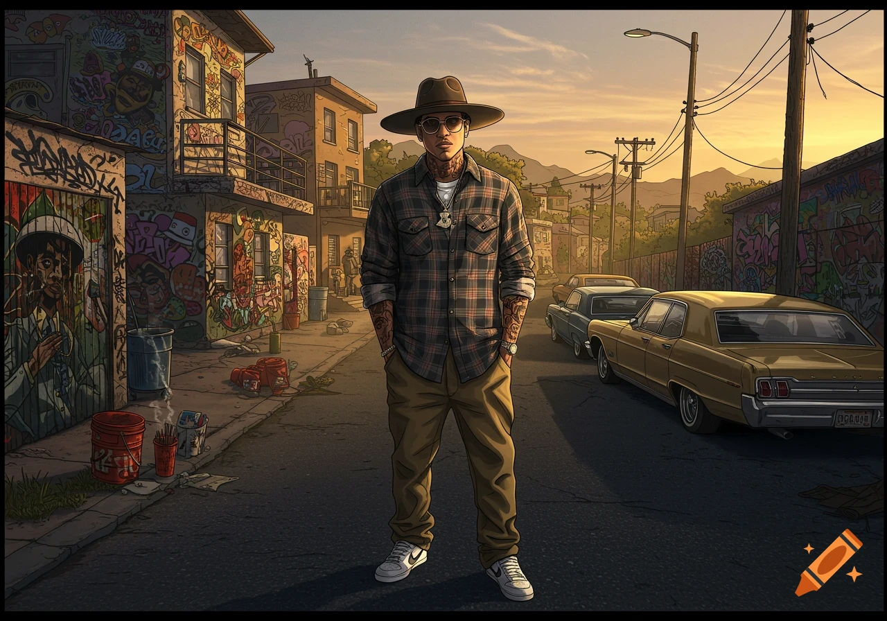 An illustrated man wearing a hat, plaid shirt, and sunglasses stands in a graffiti-covered alley at sunset, with classic cars parked nearby.