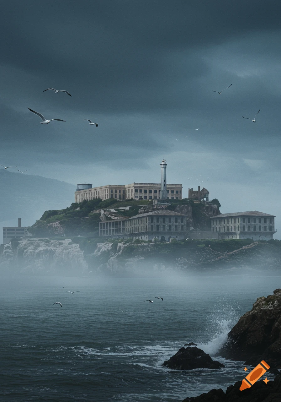 Alcatraz Island prison with a lighthouse shrouded in mist under a stormy sky, seagulls flying over dark, choppy waters.