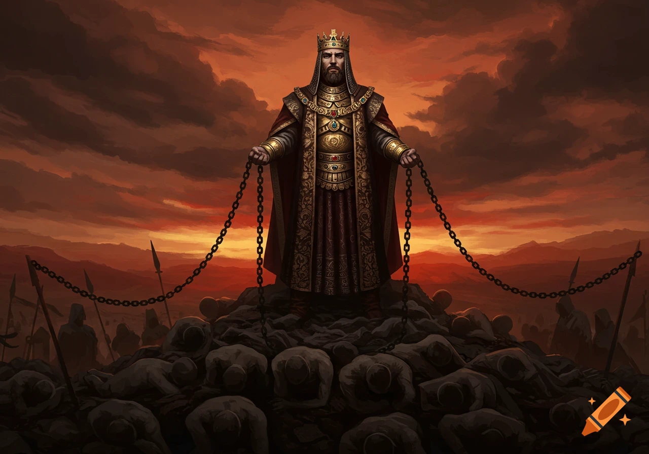 A king in ornate robes and a crown stands on a pile of bowed figures, holding chains under a fiery red sky. Digital art.