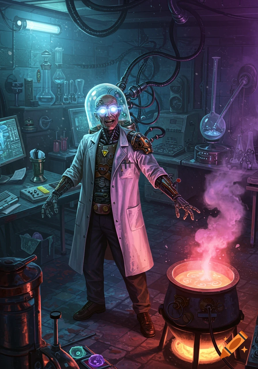 A cyborg mad scientist in a lab with glowing eyes, surrounded by bubbling potions, beakers, and scientific equipment.
