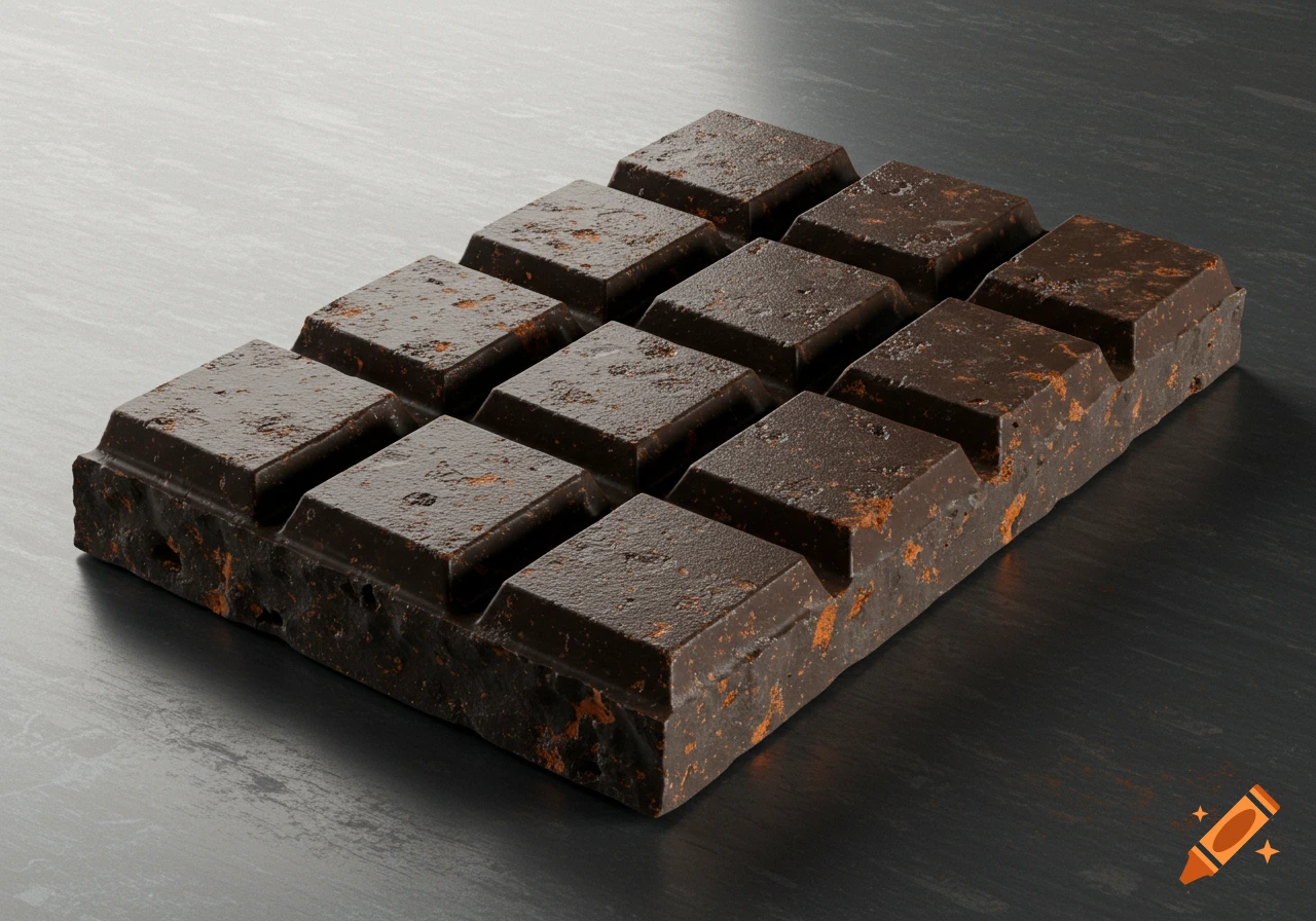 A dark, segmented bar with a rough, grainy concrete texture, resembling a chocolate bar, on a dark textured surface.