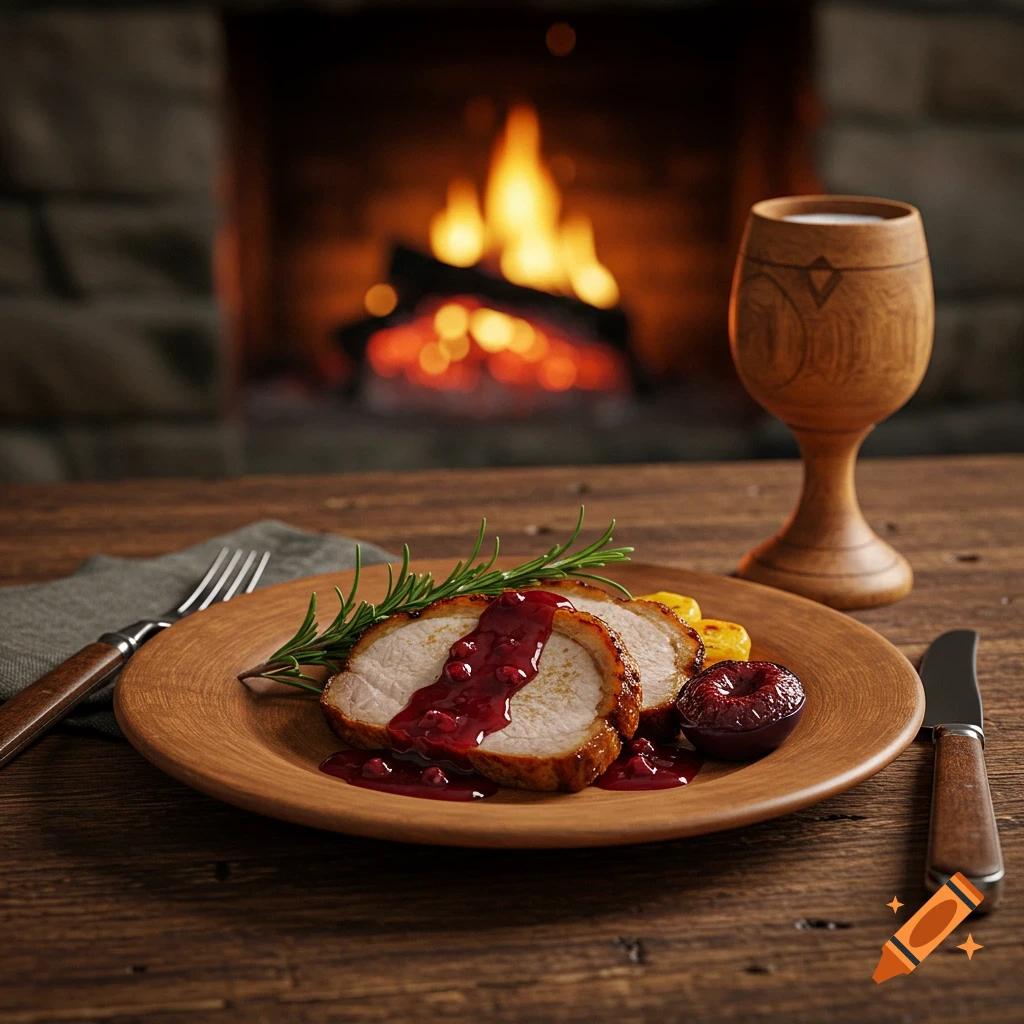 Slices of roast pork with cranberry sauce and rosemary, next to a wooden goblet on a rustic table by a fireplace.