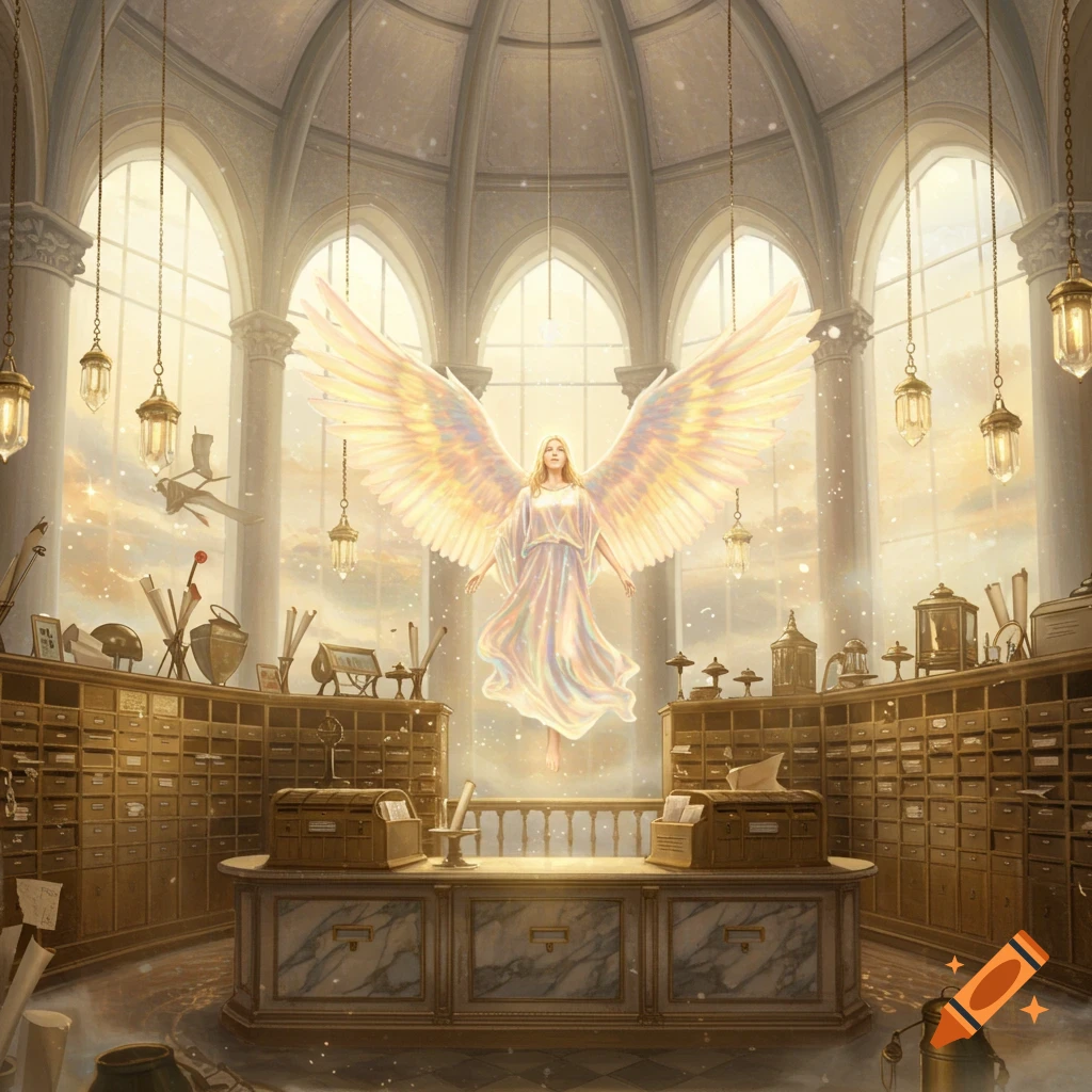 A radiant angel with large, glowing wings floats in a vast, vaulted hall filled with wooden drawers and golden light.