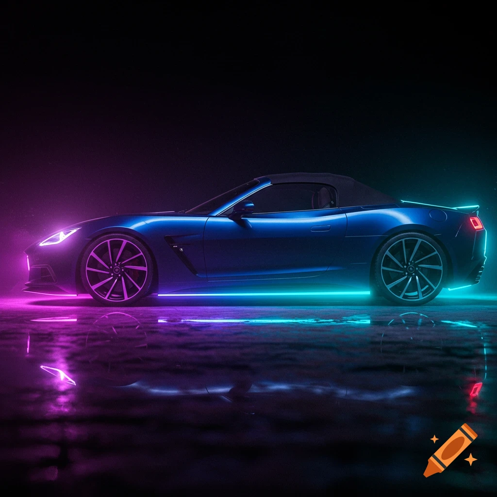 Blue convertible sports car with neon pink and blue underglow, parked on a wet surface at night, dark background.
