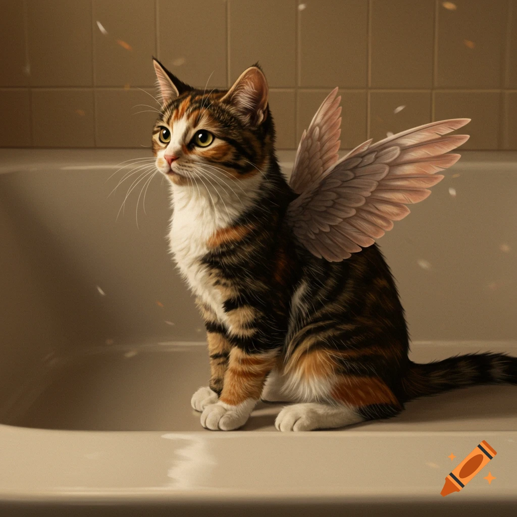 A hyper realistic calico cat with feathered wings sits in a warm, dimly lit empty bathtub.