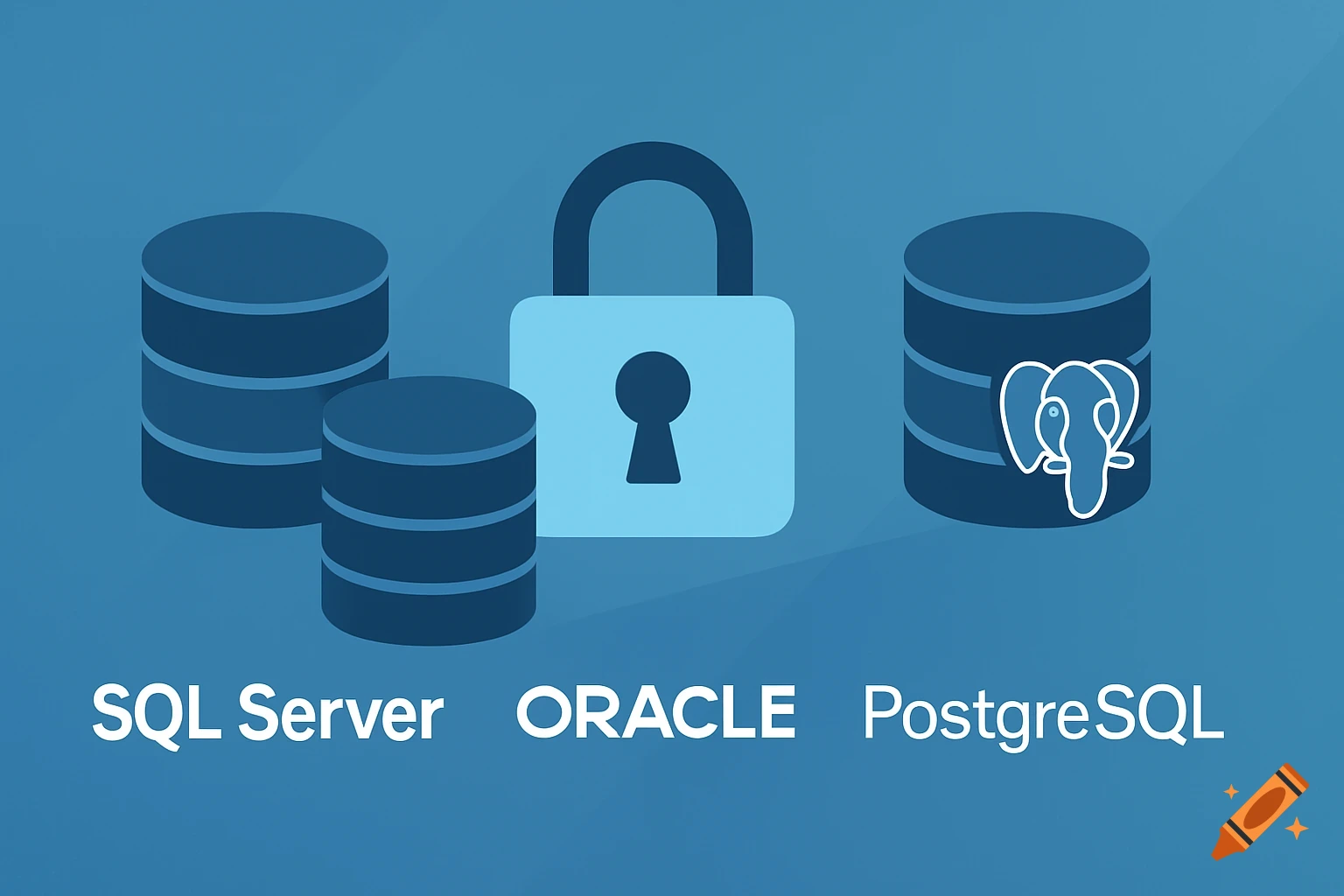 An infographic showing a padlock between database stacks labeled SQL Server, ORACLE, and PostgreSQL, on a blue background.