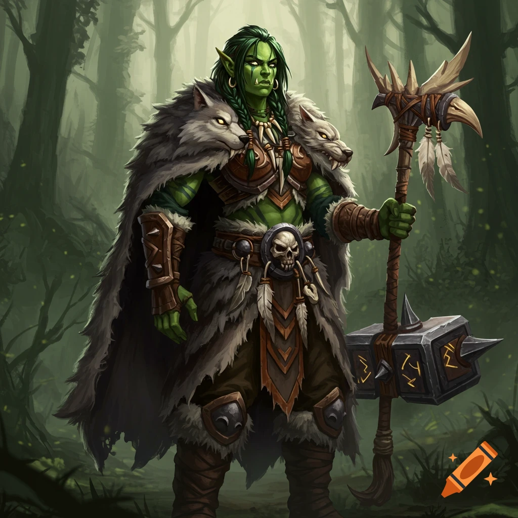 A green-skinned female orc shaman stands in a forest, clad in tribal armor and a wolf pelt cloak, holding a warhammer. Digital painting.