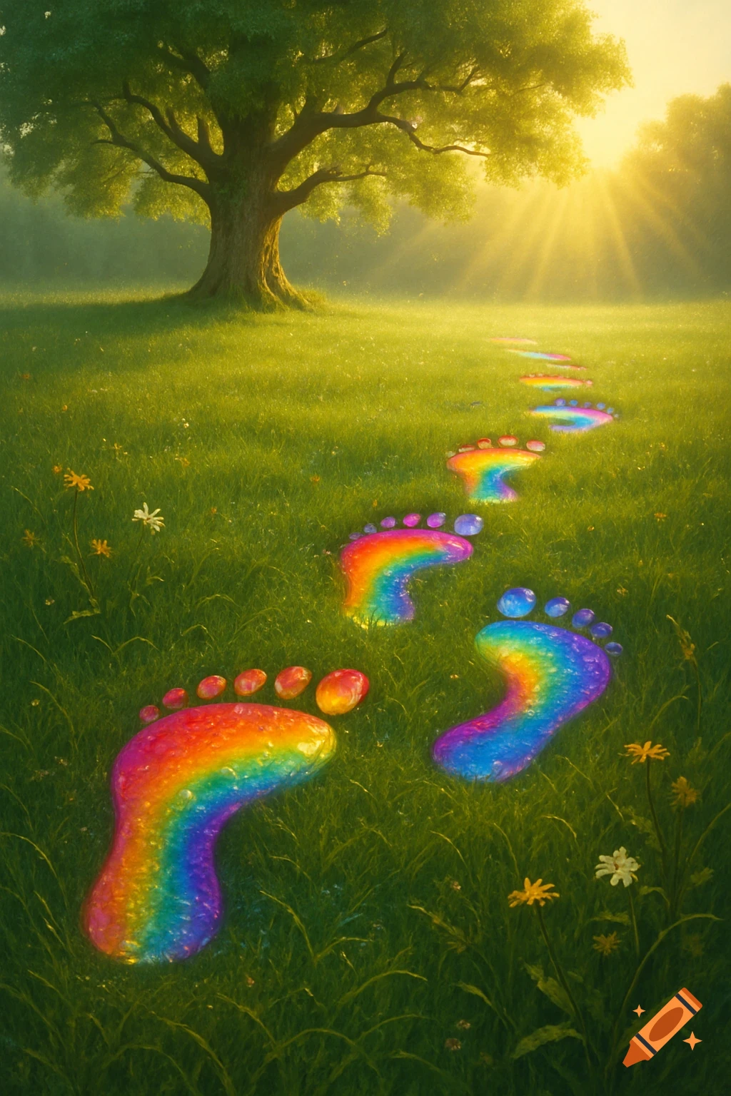 Vibrant, glossy rainbow footprints trail through a sunlit green meadow towards a large tree.
