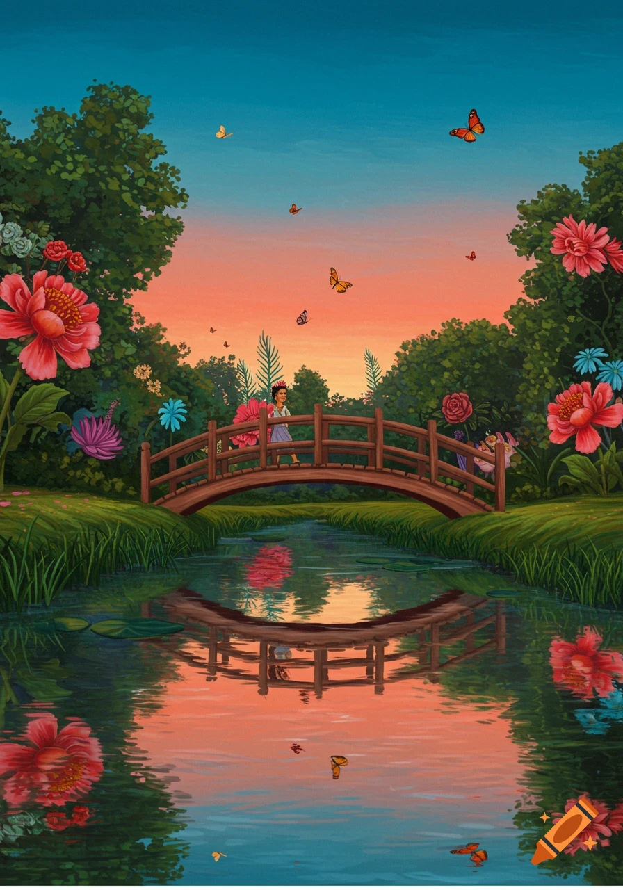 A woman in Frida Kahlo art style stands on a wooden bridge over a river, surrounded by lush flowers and butterflies at sunset.