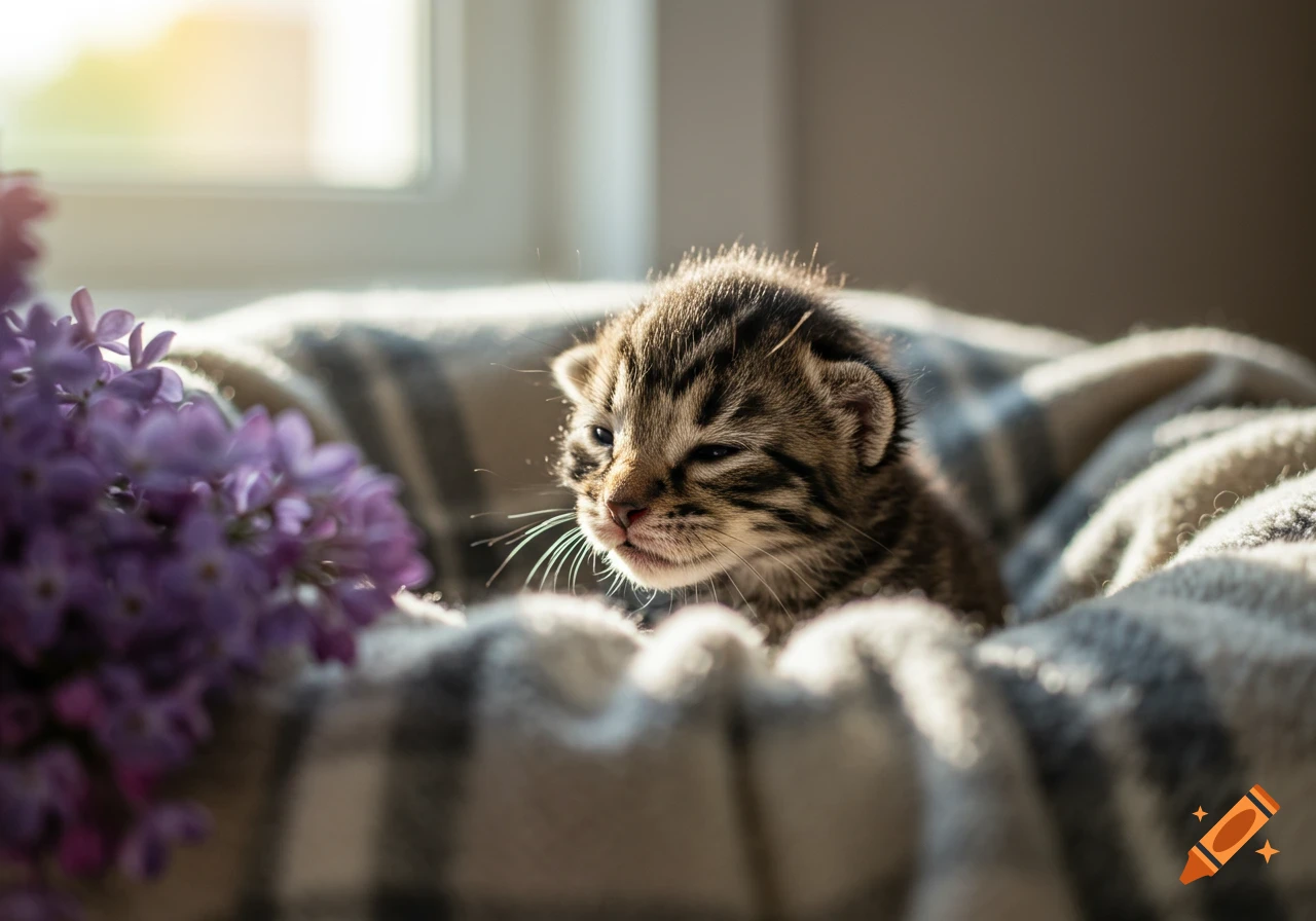 A tiny tabby kitten, eyes barely open, nestled in a striped blanket next to blurred purple flowers, lit by soft window light. Photorealistic.