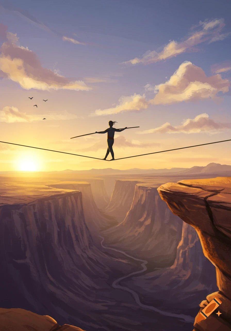 Stylized illustration of a person tightrope walking over a vast canyon at sunset with birds and clouds.