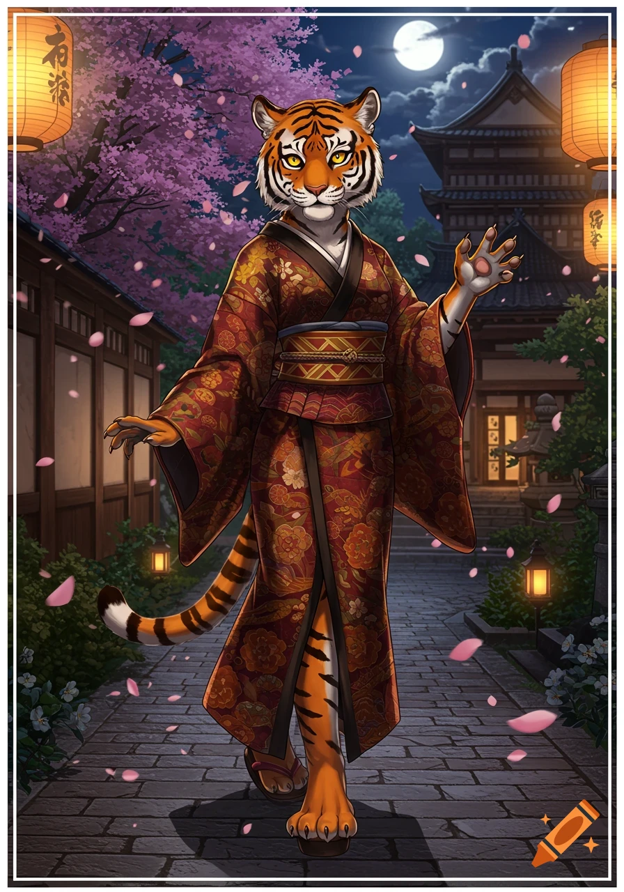 A tiger-humanoid woman in a detailed red kimono walks on a stone path under a full moon in a traditional Japanese setting with cherry blossoms and lanterns.