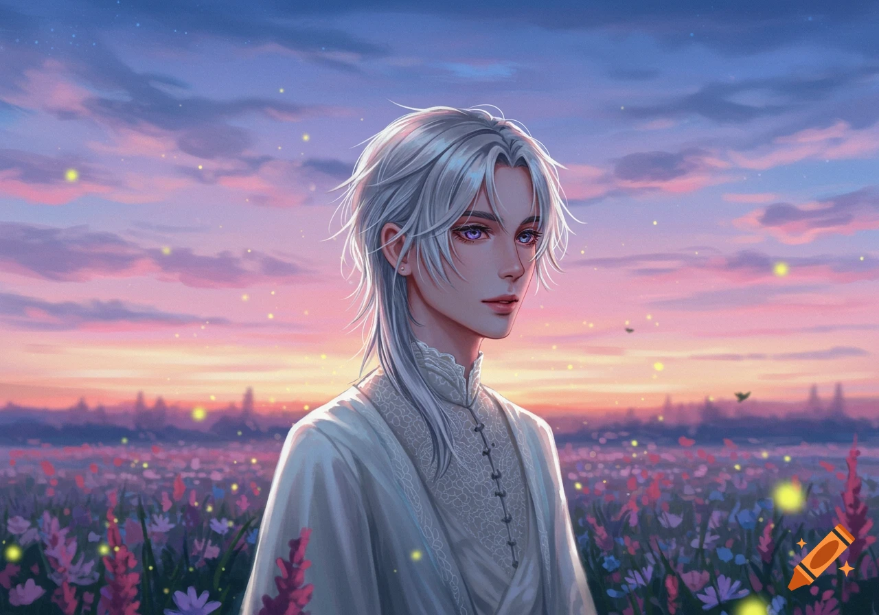 Digital painting of an androgynous person with silver hair and purple eyes in a field of colorful flowers at sunset.
