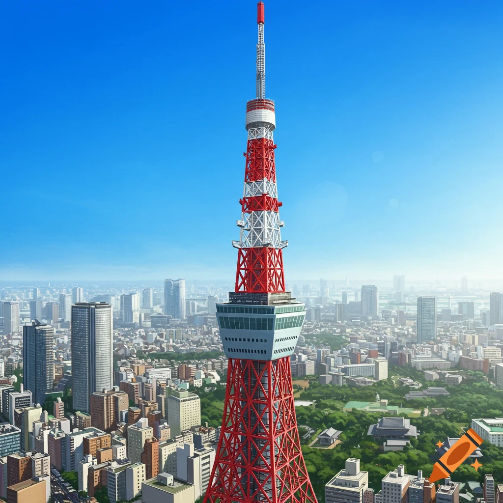 An aerial view of the red and white Tokyo Tower towering over a sprawling city under a clear blue sky.