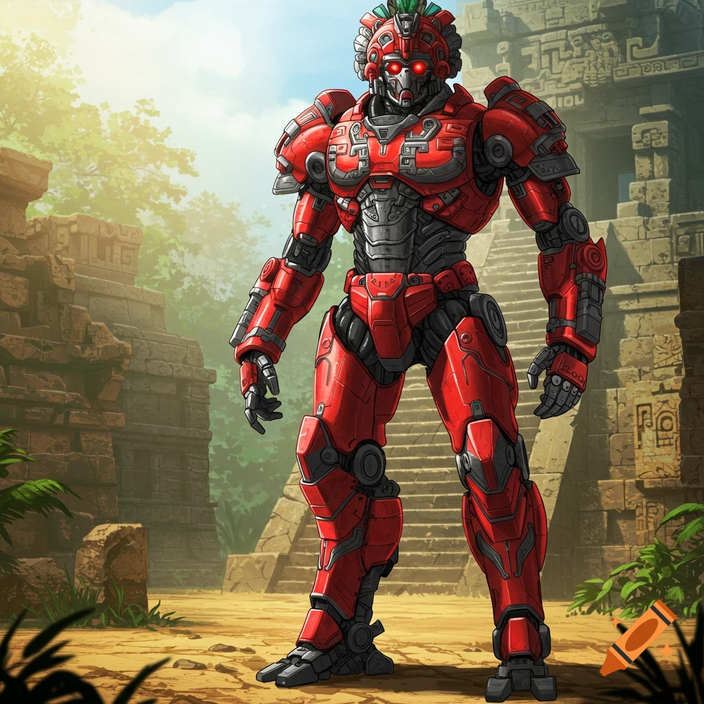 A red and black Aztec warrior robot stands in ancient jungle ruins.
