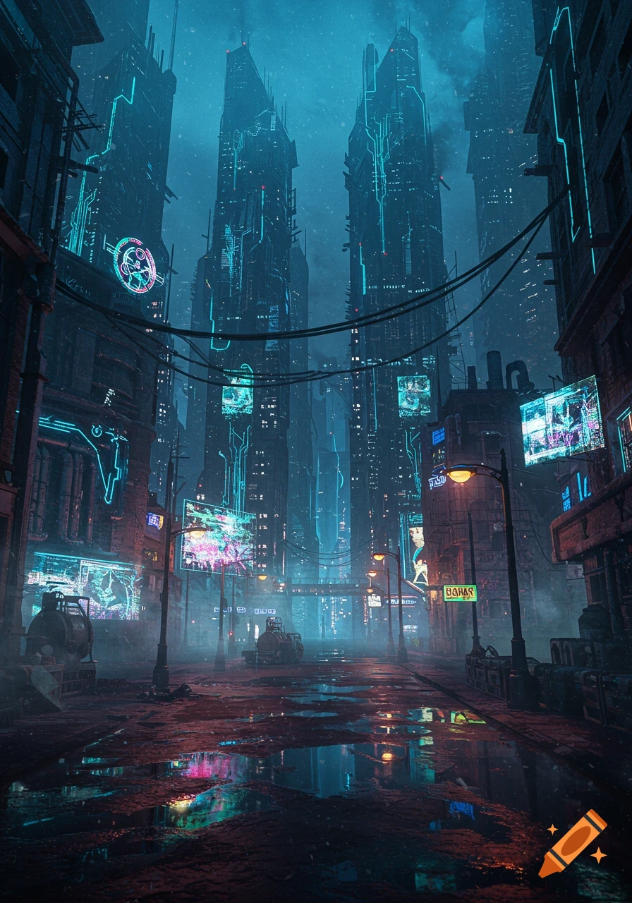 A dark, futuristic cyberpunk city street at night, with towering buildings, neon lights, and wet, reflective pavement.