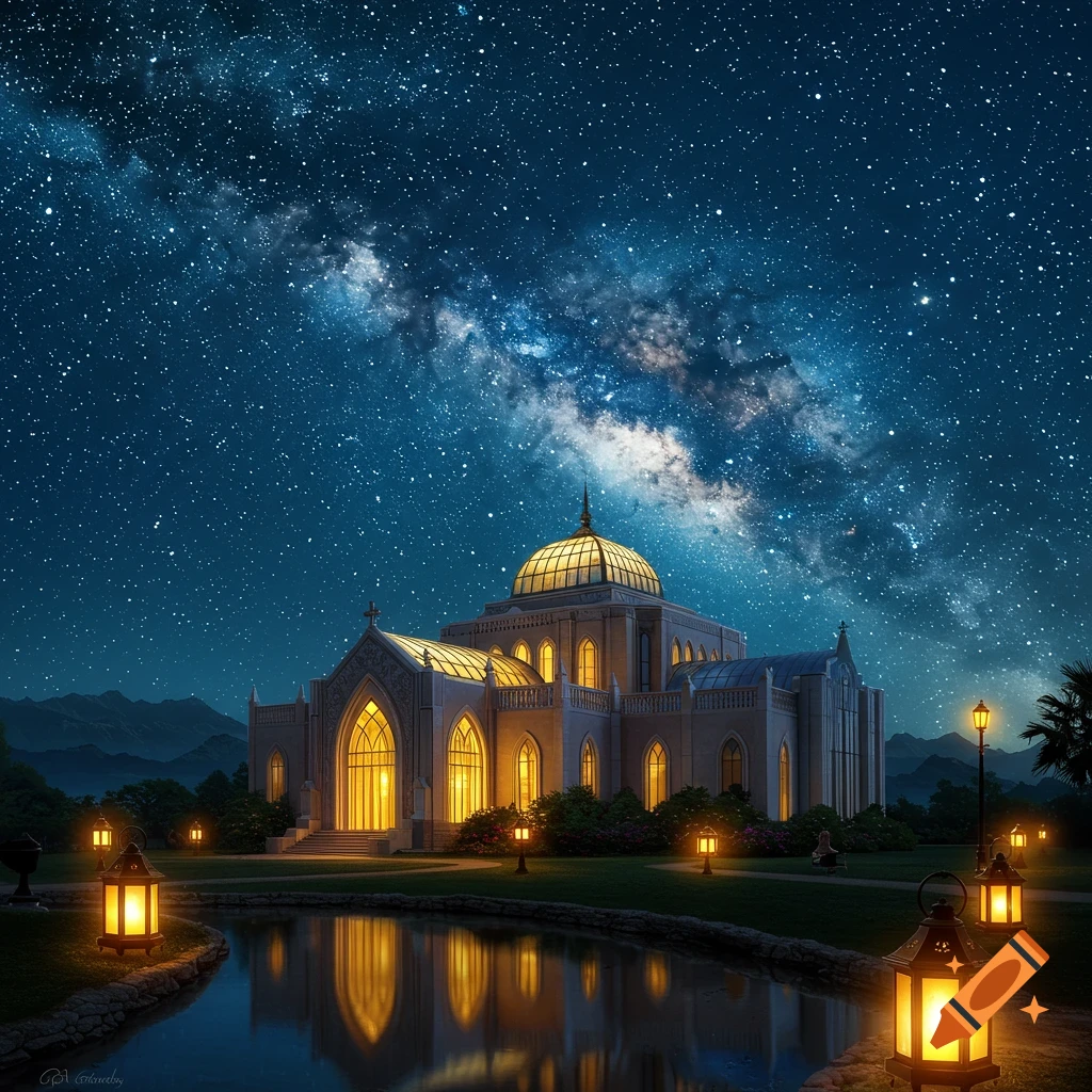 A grand, illuminated building with a domed roof reflected in a pond under a vibrant Milky Way and starry night sky.