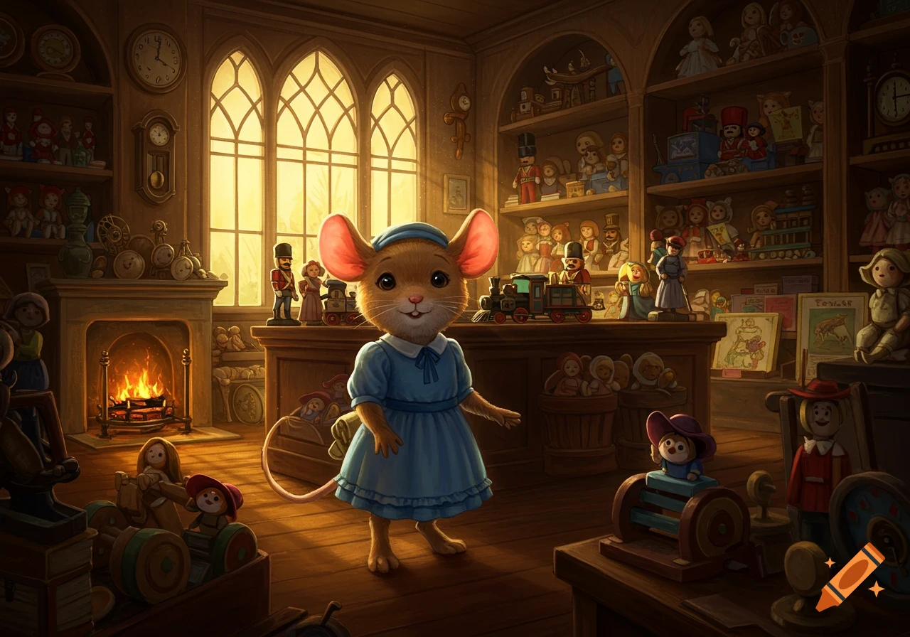 A cute mouse in a blue dress stands in a warm, cluttered, old-fashioned toy shop filled with wooden toys and dolls, in an illustration style.