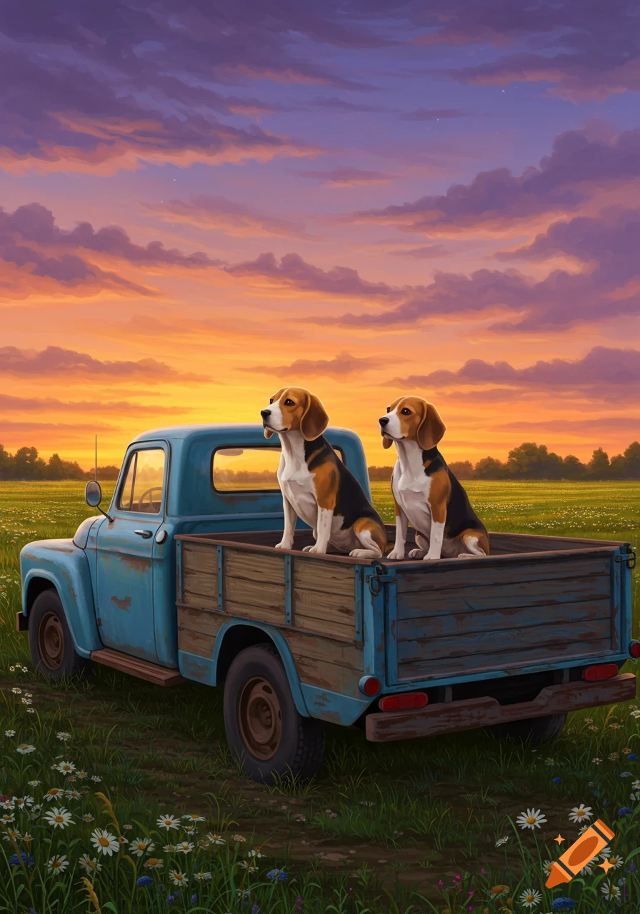 Two beagles sit in the bed of an old blue truck in a field of wildflowers at sunset, painted style.