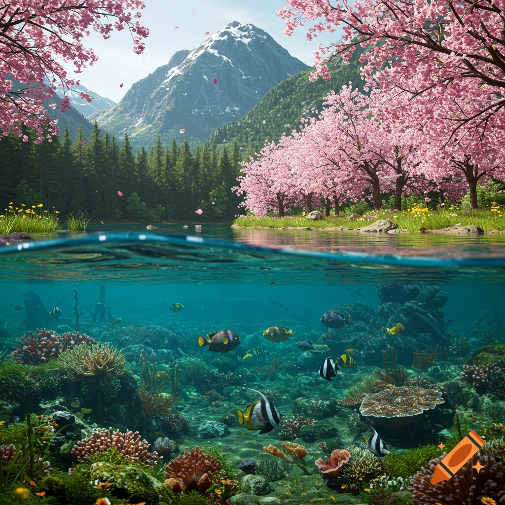 Photorealistic split view of a serene lake with snow-capped mountains, pine trees, and pink cherry blossoms above water, and a vibrant coral reef with colorful fish below.