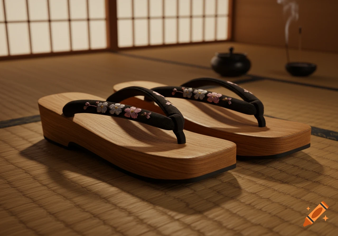 A pair of wooden Japanese geta sandals with black floral-embroidered straps, sitting on tatami mats.
