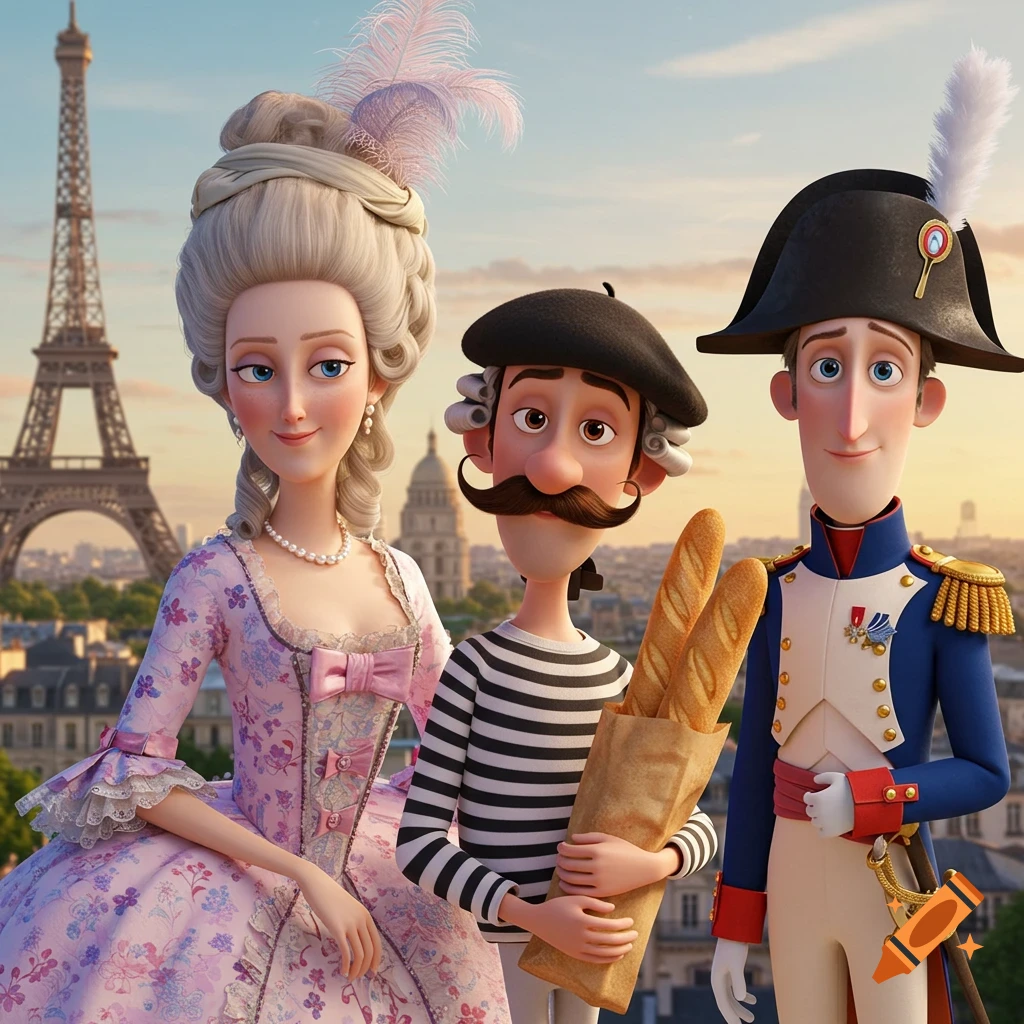 A Pixar-style image of Marie Antoinette, a French baker, and Napoleon Bonaparte posing in front of the Eiffel Tower.