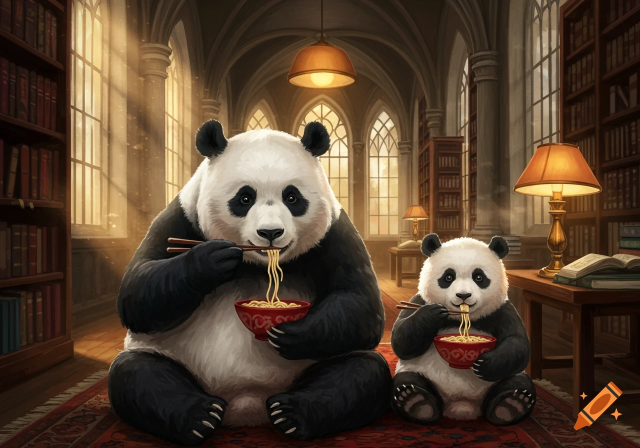 Illustrated pandas eating noodles in a grand, sunlit library.