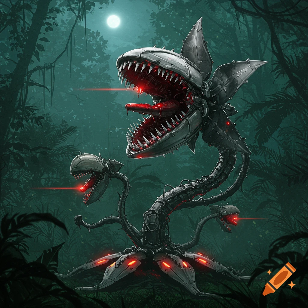A detailed robotic carnivorous plant with multiple heads, sharp teeth, and red glowing lights stands in a dark jungle under a full moon.
