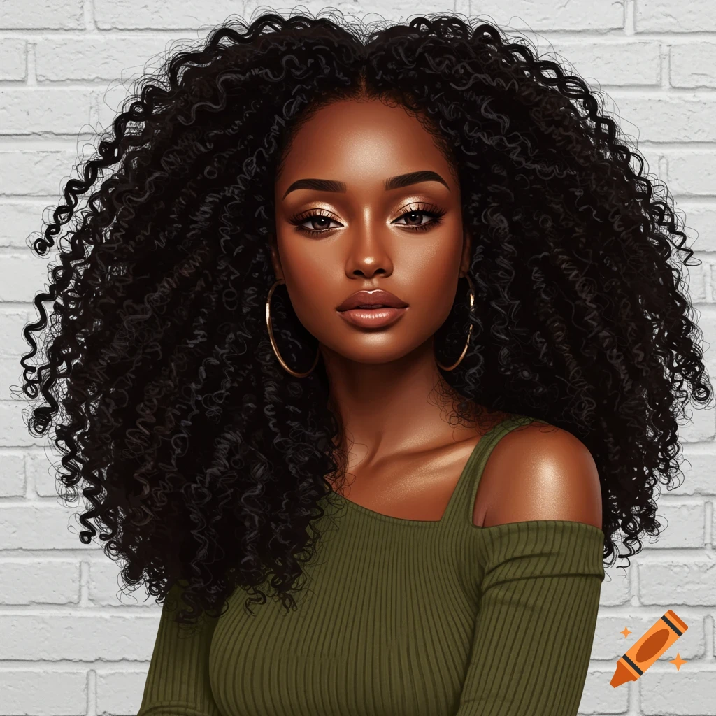 Digital art portrait of a Black woman with warm skin, voluminous curly hair, glamorous makeup, gold hoop earrings, and an olive green off-shoulder top against a white brick wall.