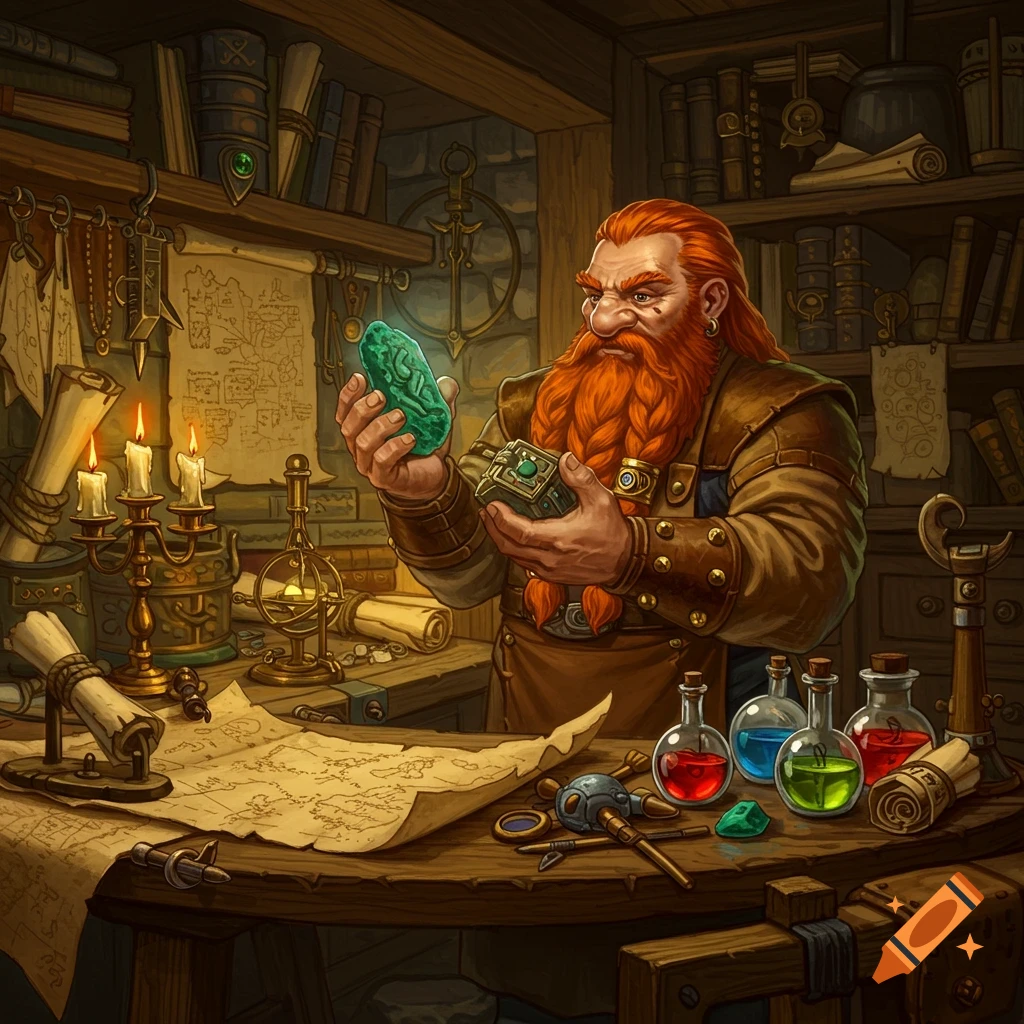 A detailed fantasy illustration of a dwarf artificer in a cluttered workshop, examining a green artifact and a puzzle box.