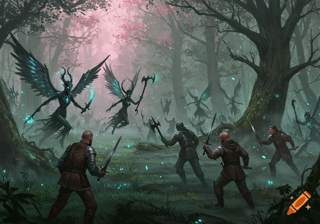 Human warriors with swords battle dark, winged fae creatures in a misty, pink-hued forest. Digital painting.