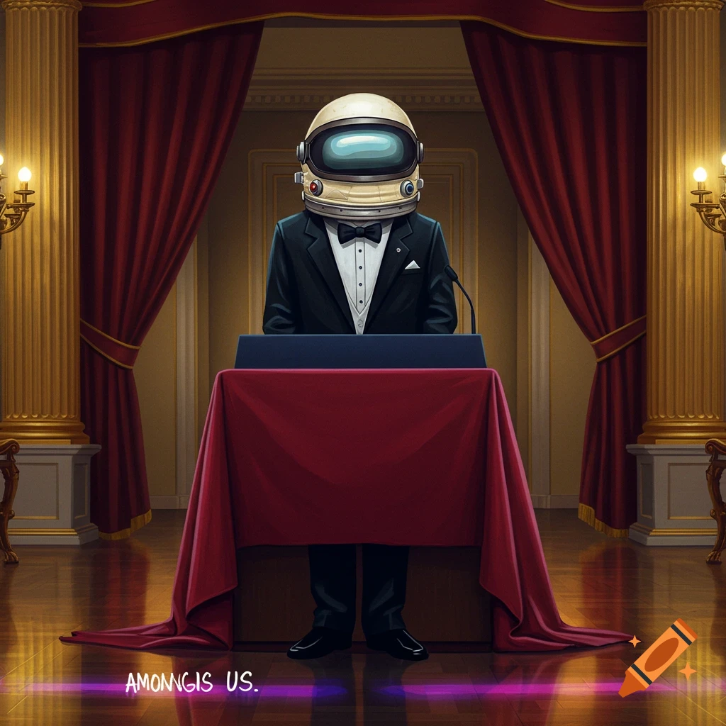 An astronaut in a tuxedo stands behind a red-draped podium in a grand hall, with the text "AMONNGIS US." below.