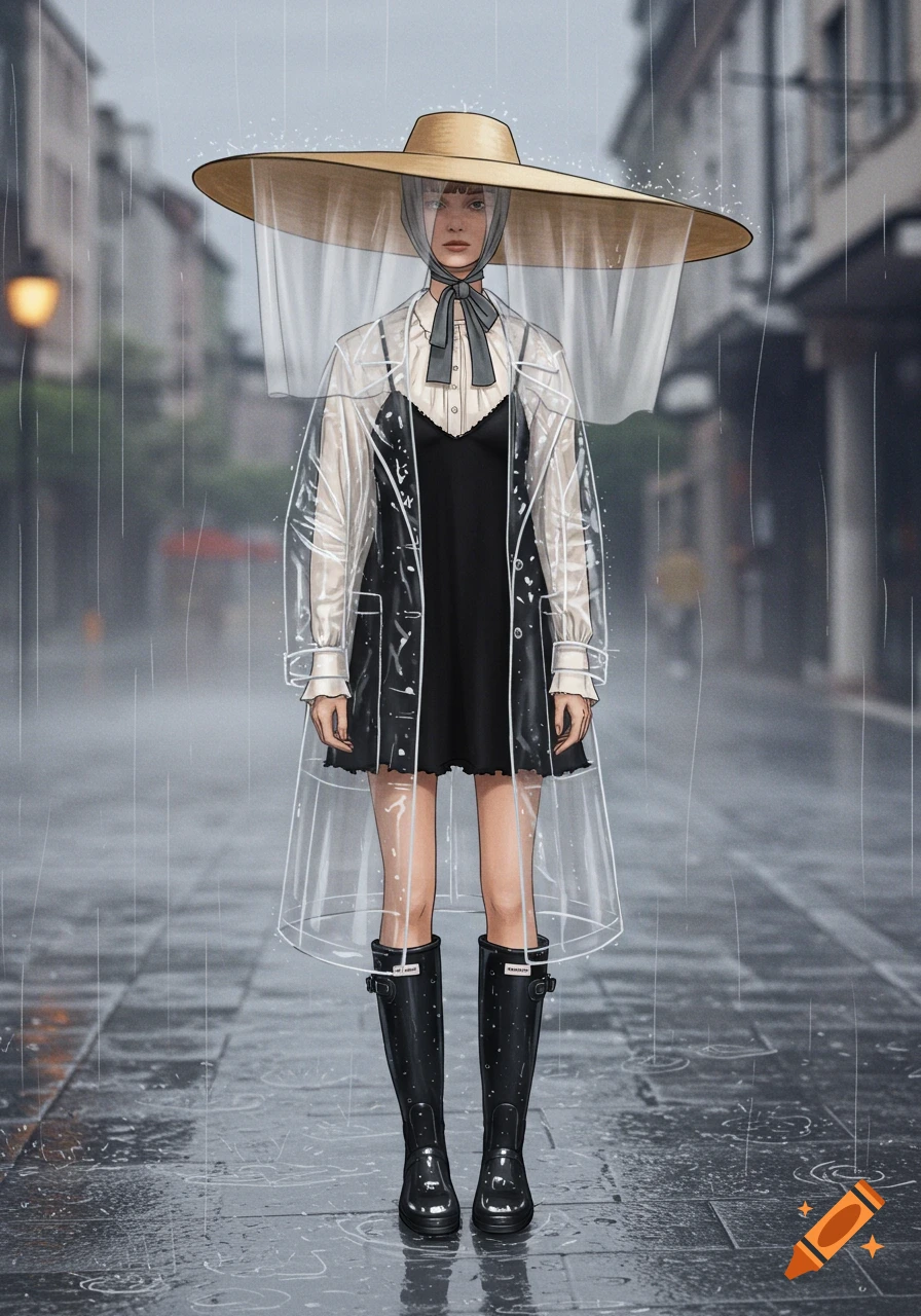 Illustration of a person in a wide-brimmed hat, clear raincoat, and black rain boots standing on a rainy street.
