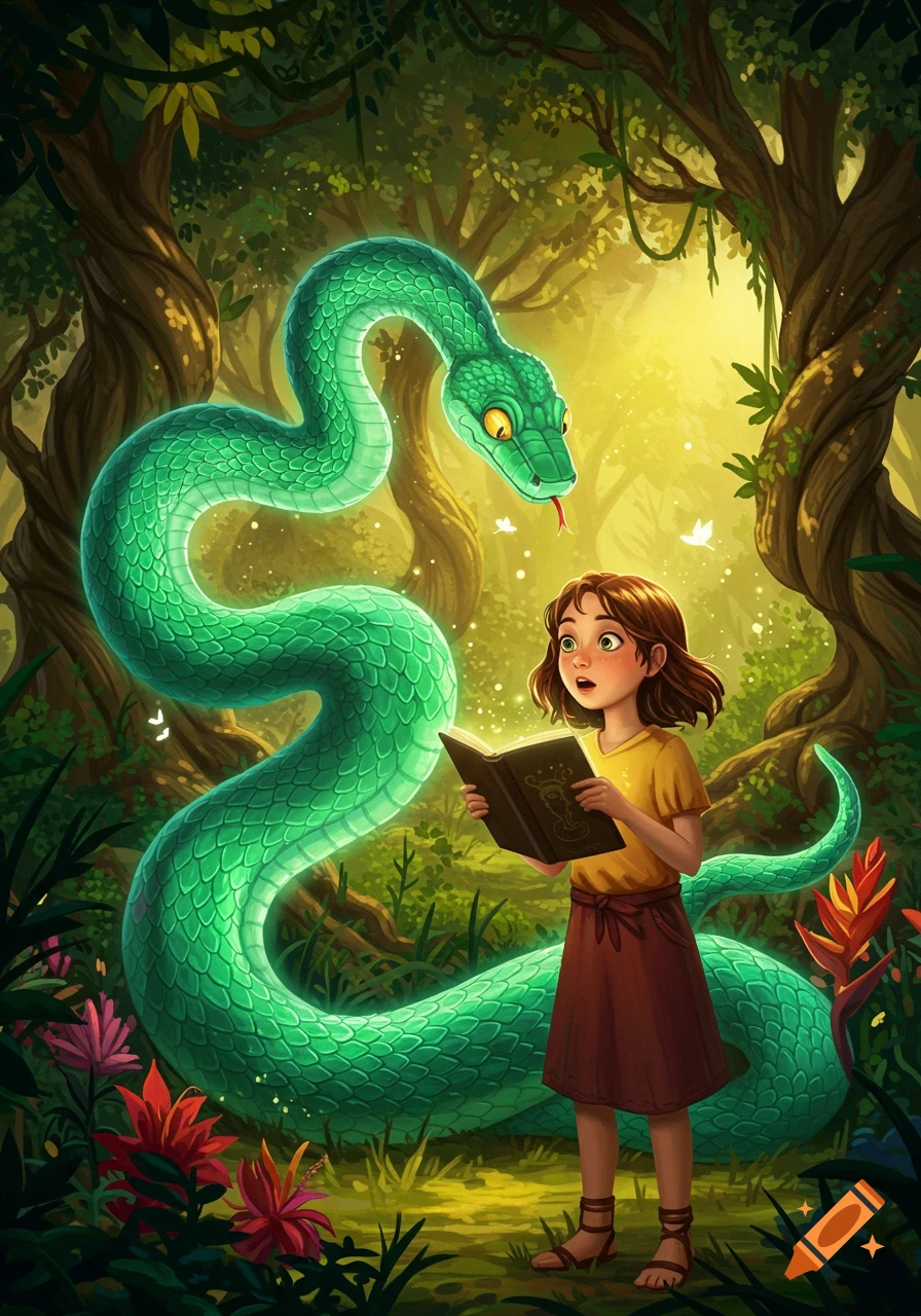 A young girl with a glowing book gazes in wonder at a large, vibrant green snake in a lush, sunlit jungle illustration.