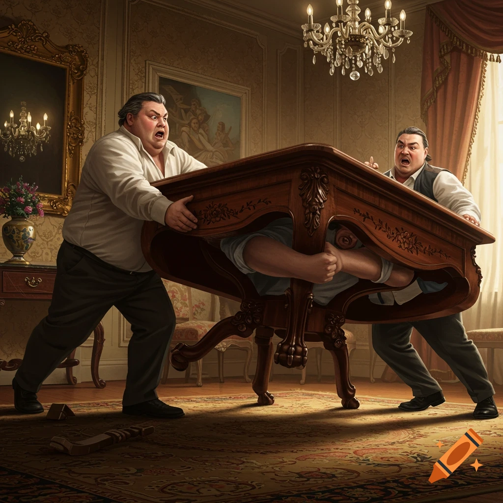 Two men in a lavish room struggle to push an ornate wooden table, with a third person squashed underneath, all showing strained expressions.