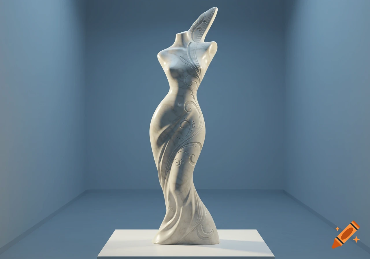 Elegant marble sculpture of a headless female form in a flowing dress with decorative swirls, on a white pedestal in a blue room.