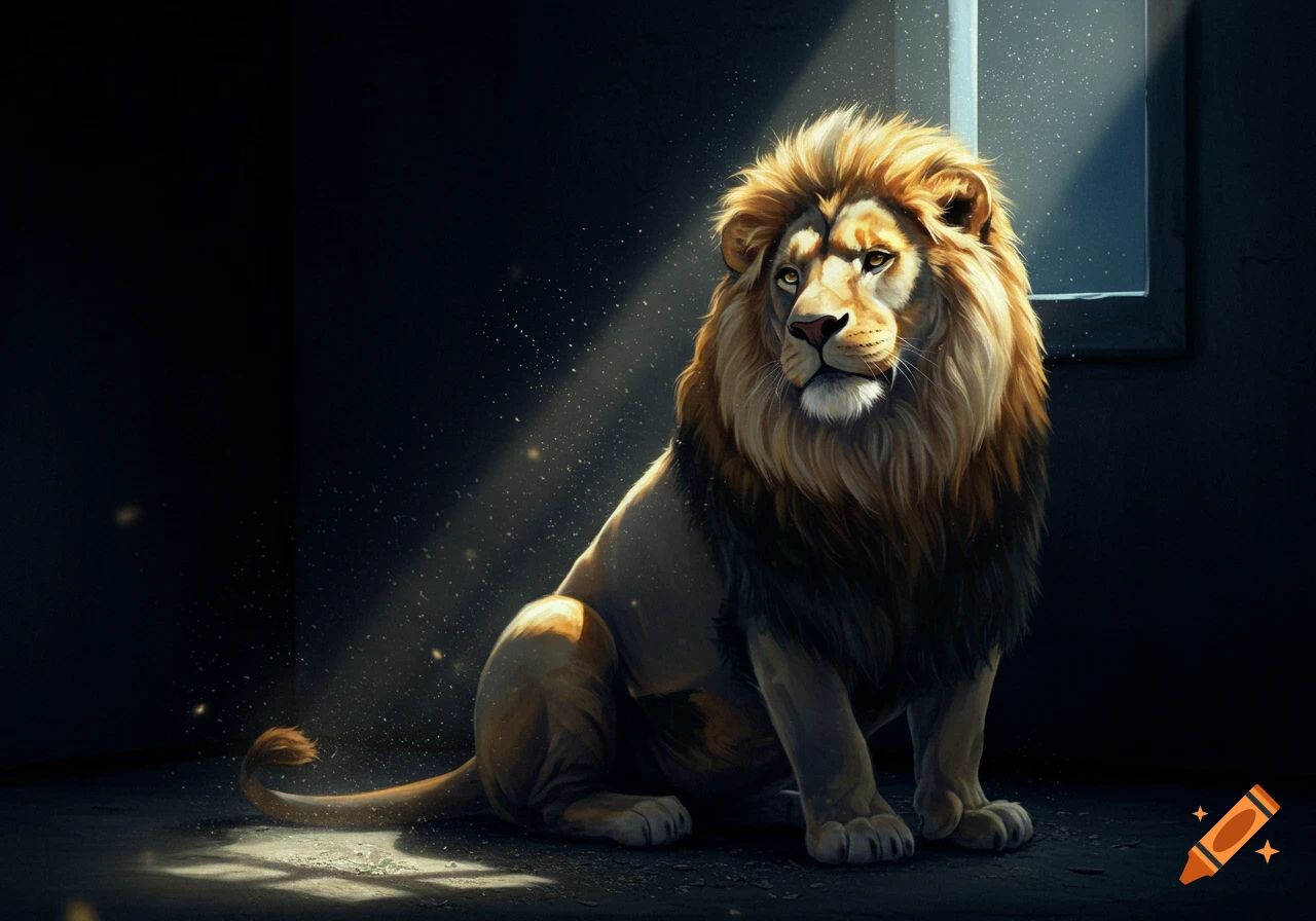 A majestic lion with a golden mane sits in a dimly lit room, illuminated by a ray of sunlight from a window.
