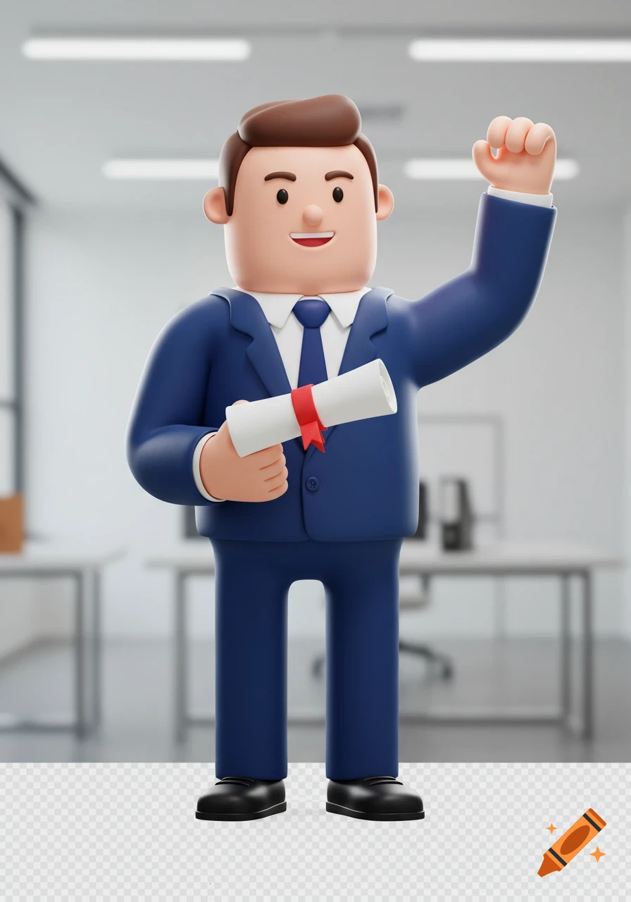 A smiling 3D cartoon man in a blue suit holds a diploma with a red ribbon and raises his fist in celebration against a blurry office background.