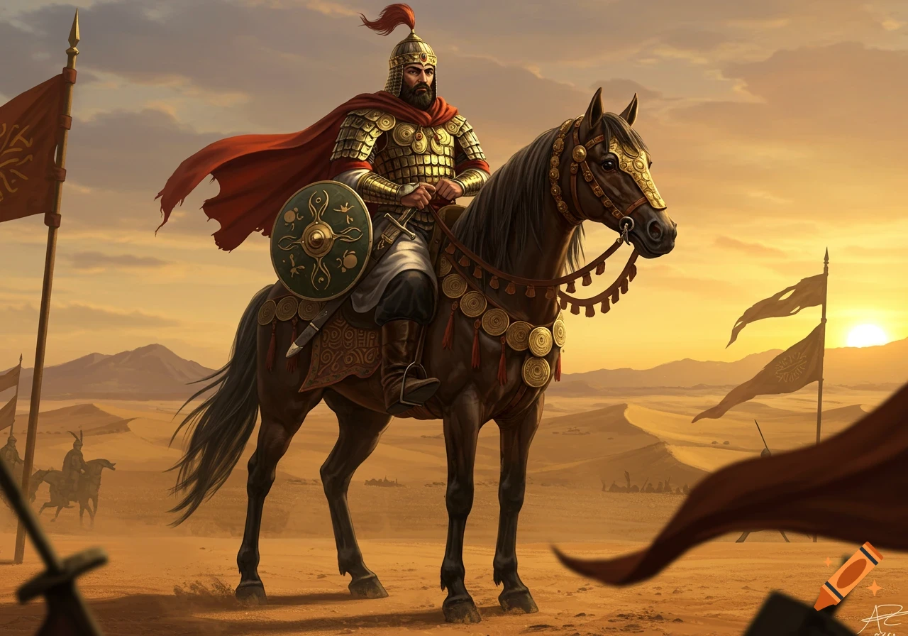 A majestic Parthian general, Surena, in golden armor and red cape, rides a horse in a desert landscape during sunset. Flags with ancient symbols wave around him.