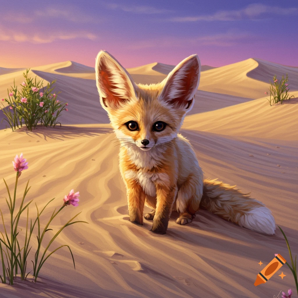 A cute fennec fox with large ears sits in a sandy desert with small pink flowers under a vibrant sunset sky, in an illustration style.